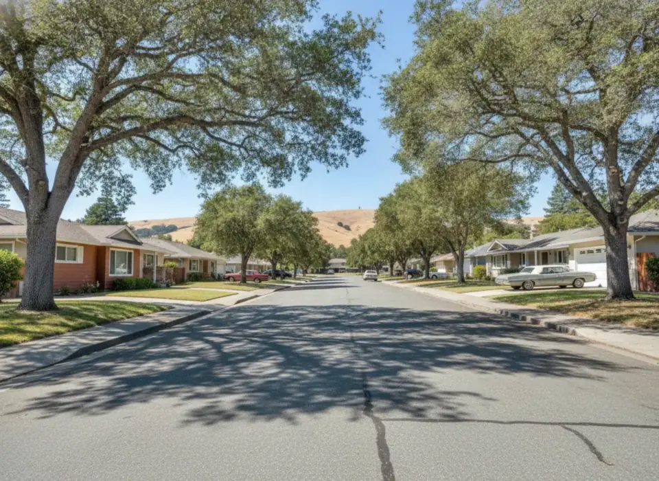 Santa Rosa neighborhood street with ranch homes and oak-covered hills