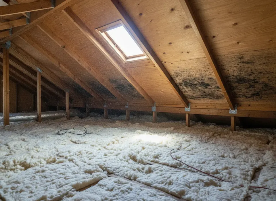 Mold staining on attic roof sheathing near the eaves