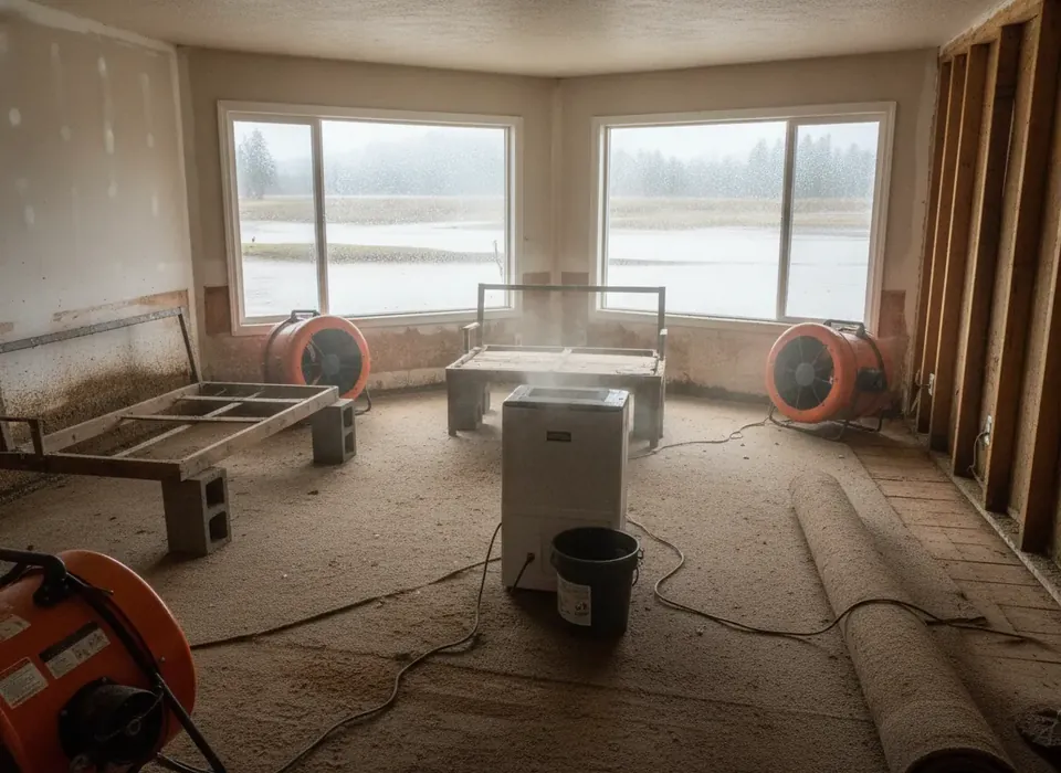 Drying equipment in a flood-damaged living room