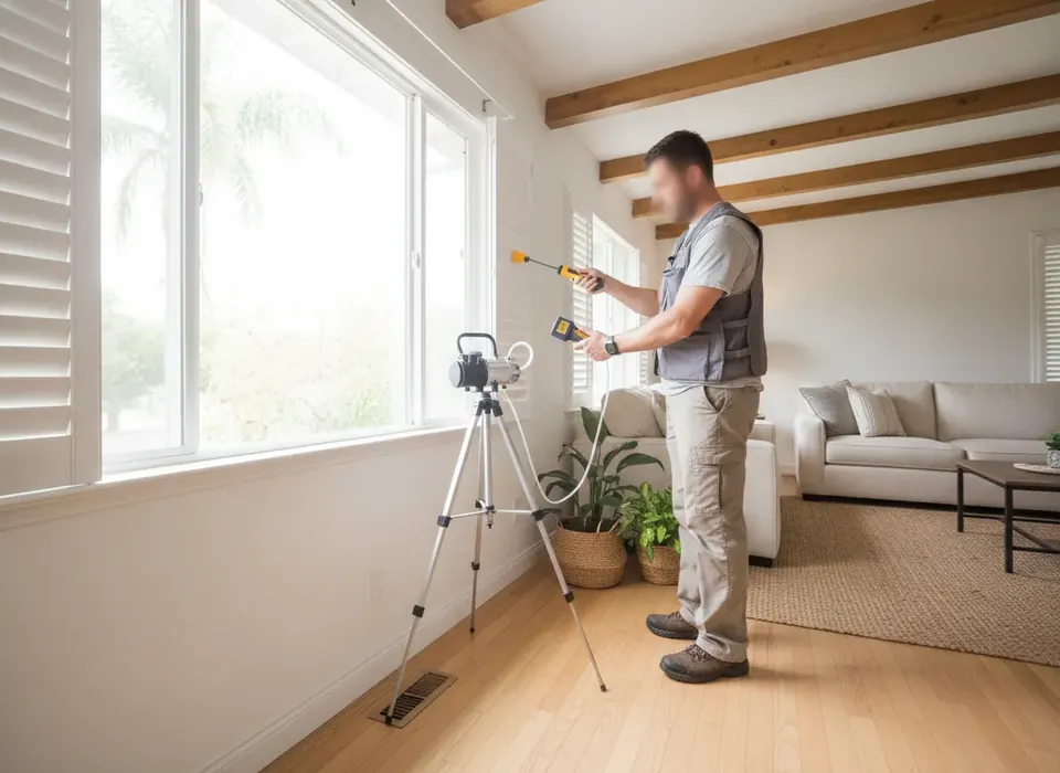 Mold inspector taking a moisture reading and air sample