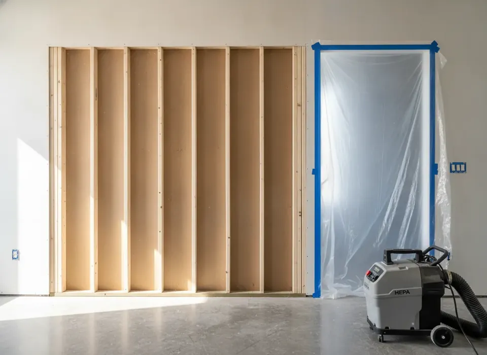 Drywall removed to the studs inside a sealed work area